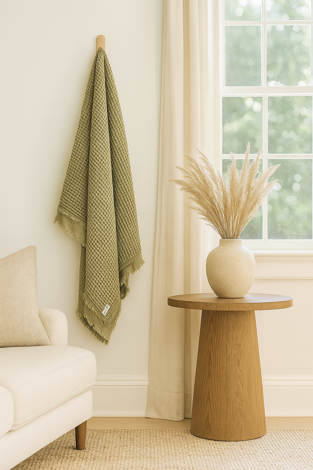 Organic Cotton Rustic Waffle Throw Blanket - Light Olive