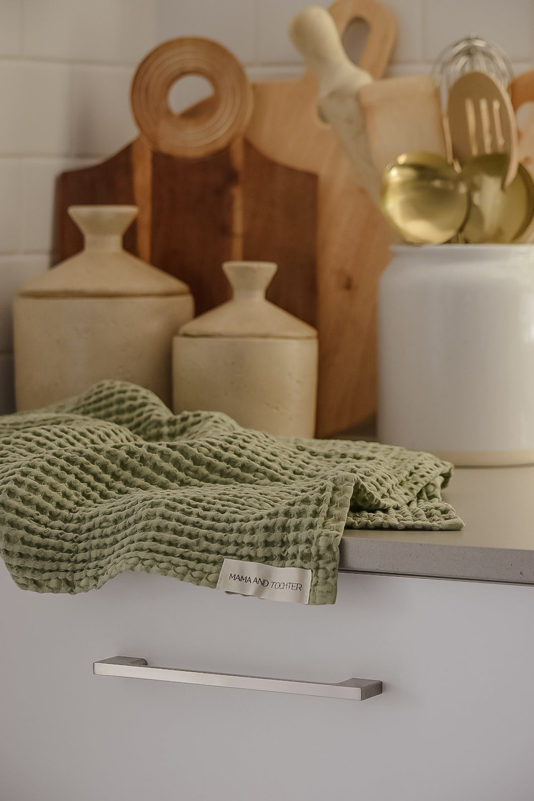 100% Organic Cotton Rustic Waffle Tea Towel - Light Olive