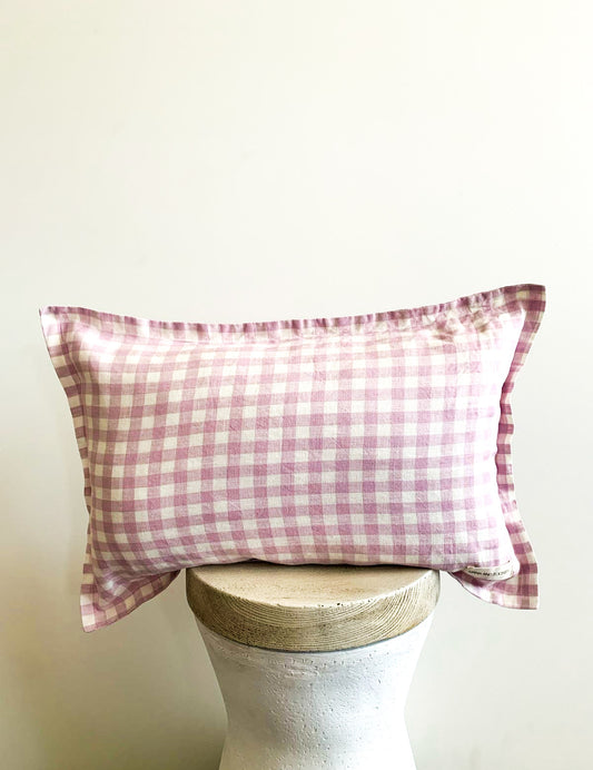 Pure French Linen Lumbar Cushion with Flange Detail - Lilac Gingham