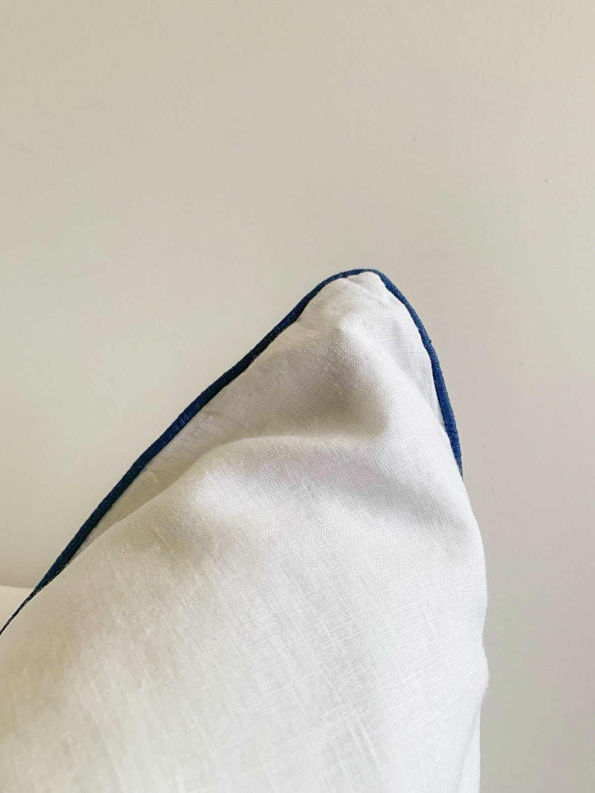 Pure French Linen Cushion with Piped Edge - White with Marine Blue Piping