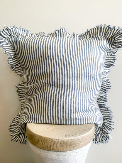 Pure French Linen Frayed Edge Ruffle Cushion - Marine Pinstripes