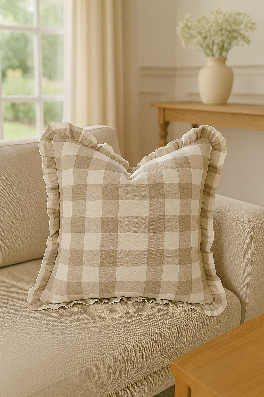 Pure Linen Ruffle Cushion Cover - Natural Gingham