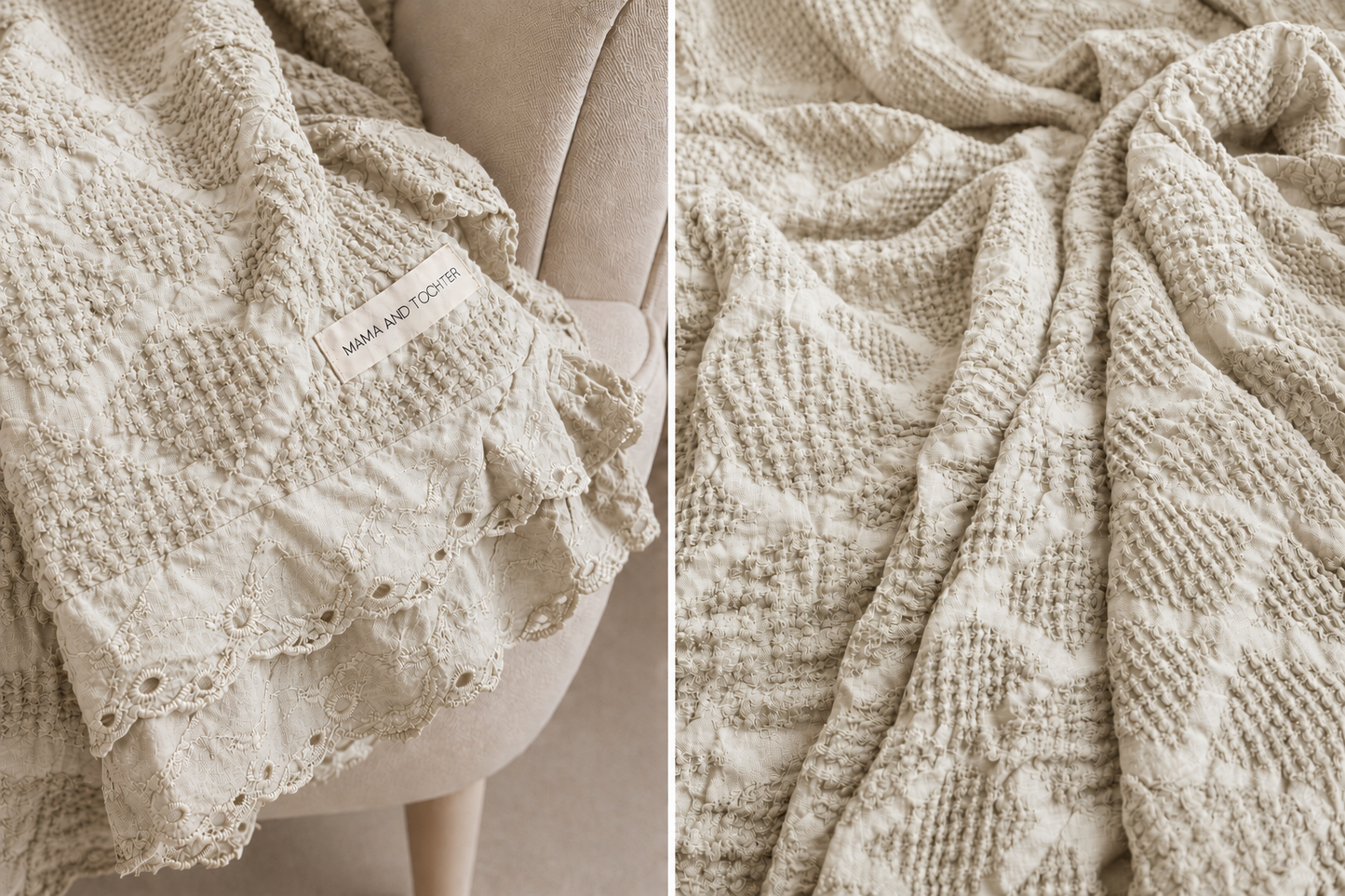 Organic Cotton Waffle Textured Ruffle Throw - Natural - 180 x 250 - King Size