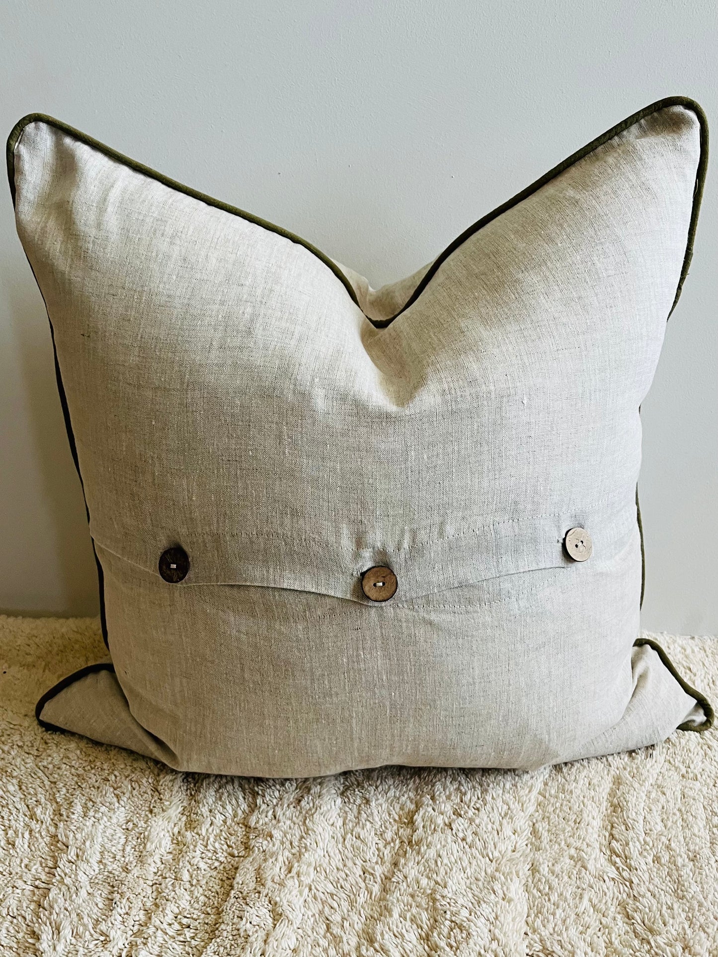 Pure French Linen Cushion Cover with Piped Edge - Natural with Olive Piping