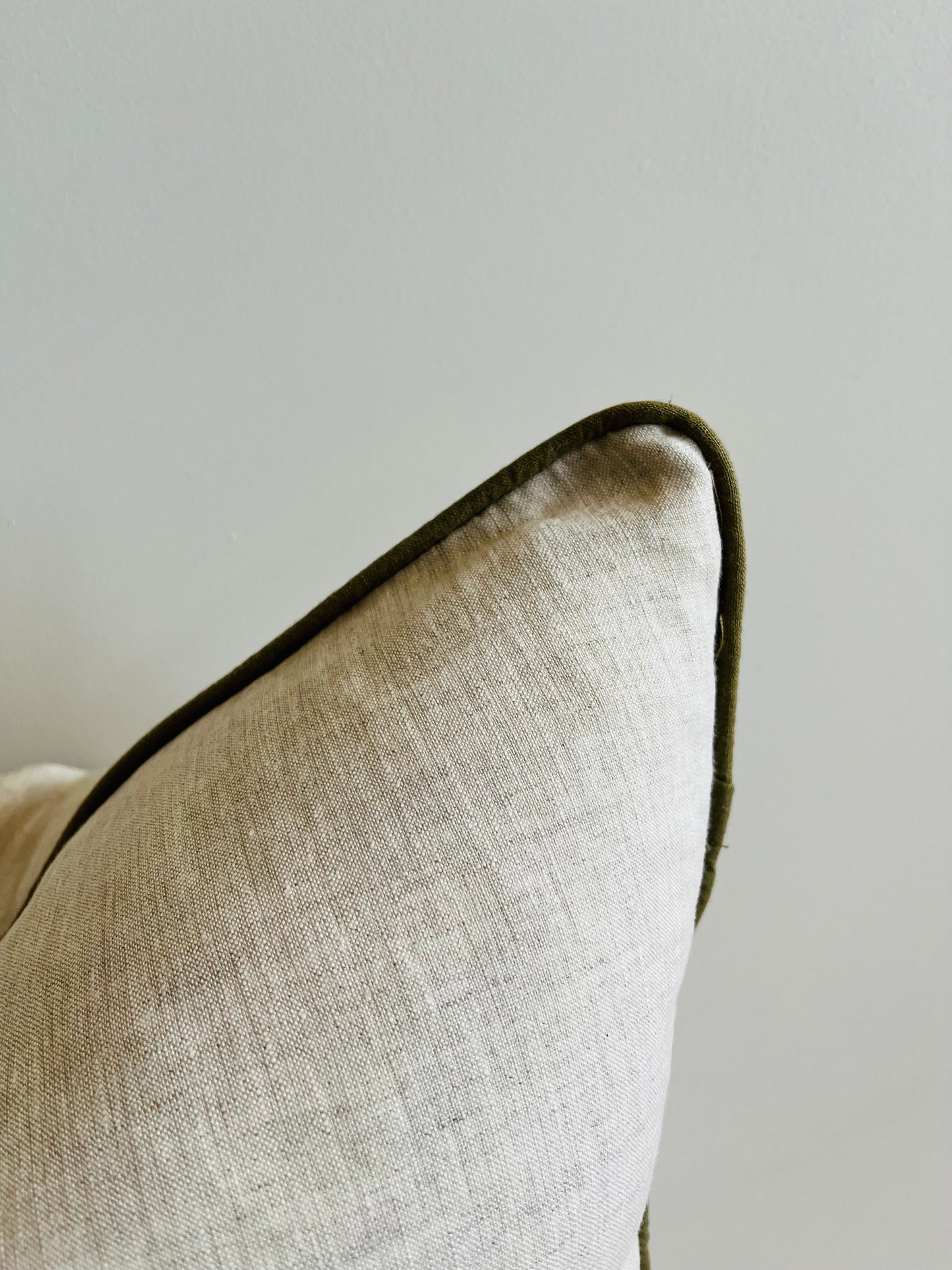 Pure French Linen Cushion Cover with Piped Edge - Natural with Olive Piping