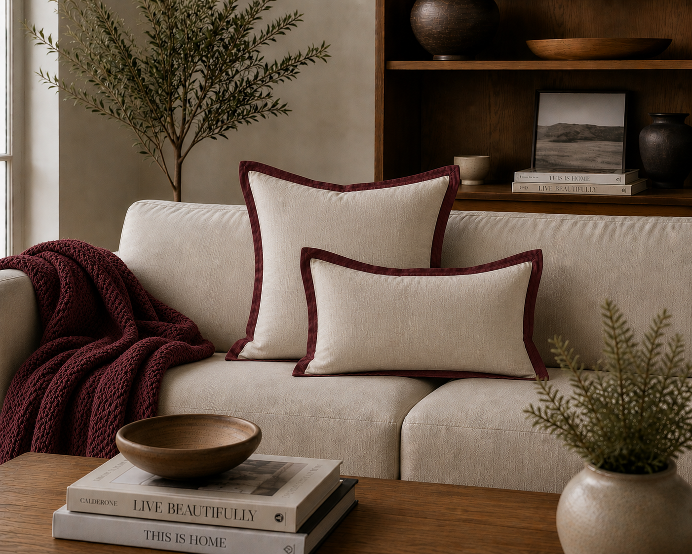 Pure Linen Lumbar Cushion | Natural with Merlot Contrasting Flange | 40 x 60cm
