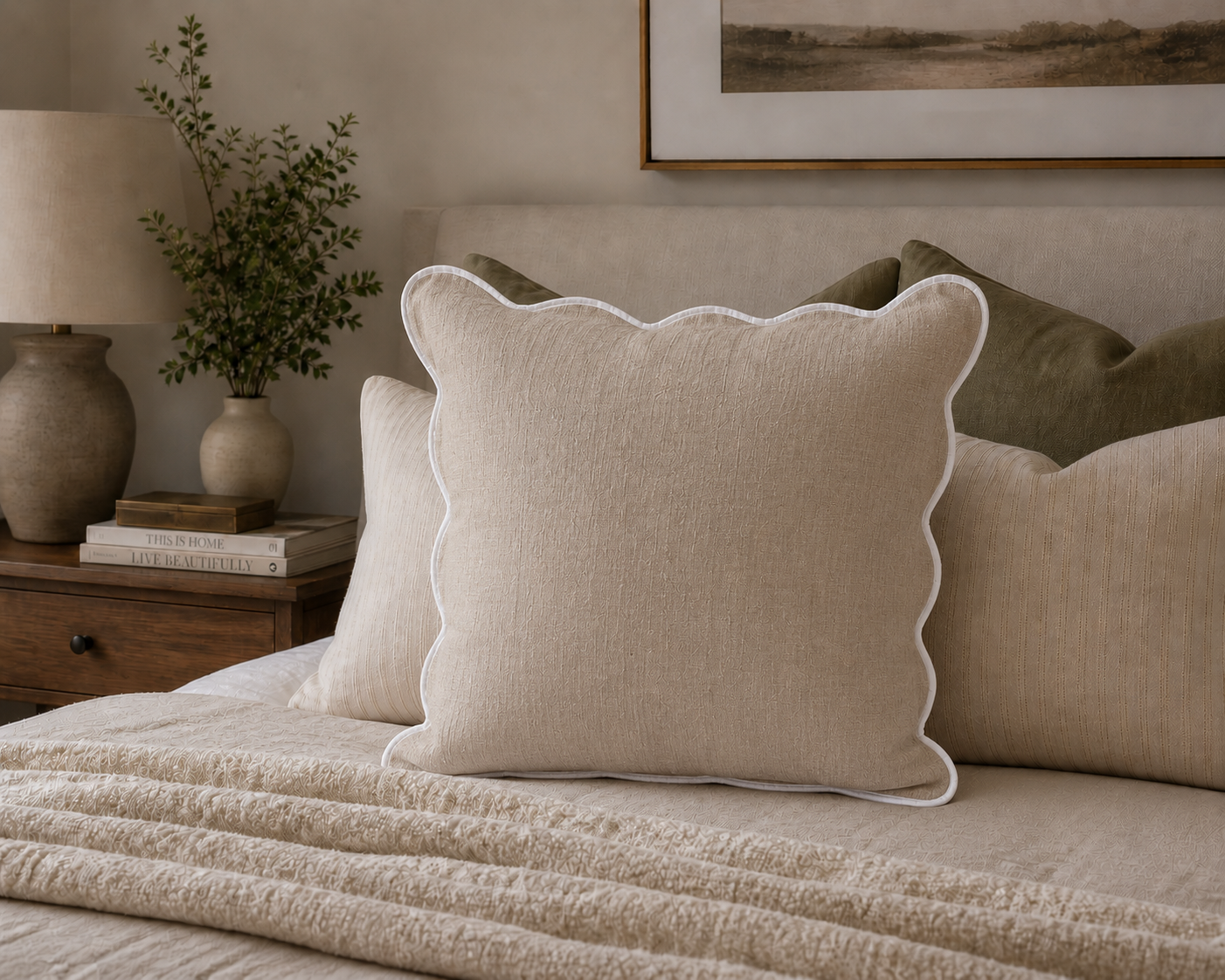 Pure Linen Cushion Cover with Scalloped Edge - Natural & White 50 x 50cm