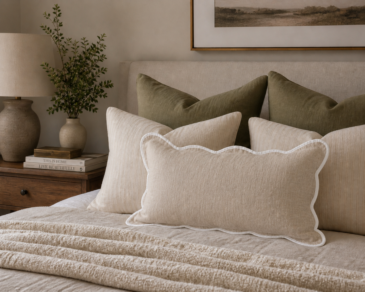 Natural & White Scalloped Pure Linen Lumbar Cushion Cover | 40 x 60cm