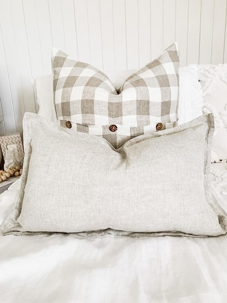 Pure French Linen Lumbar Cushion Cover with Flange Detail - Natural