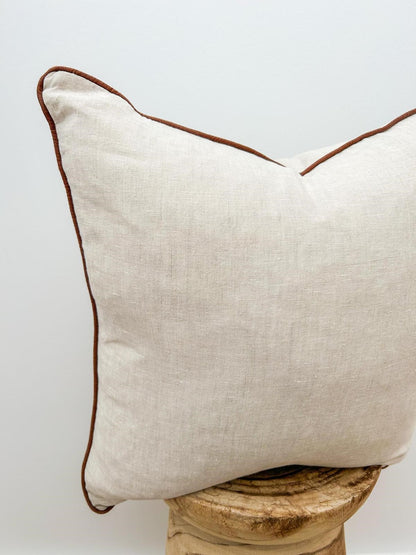 Pure French Linen Cushion Cover with Piped Edge - Natural with Coffee Piping