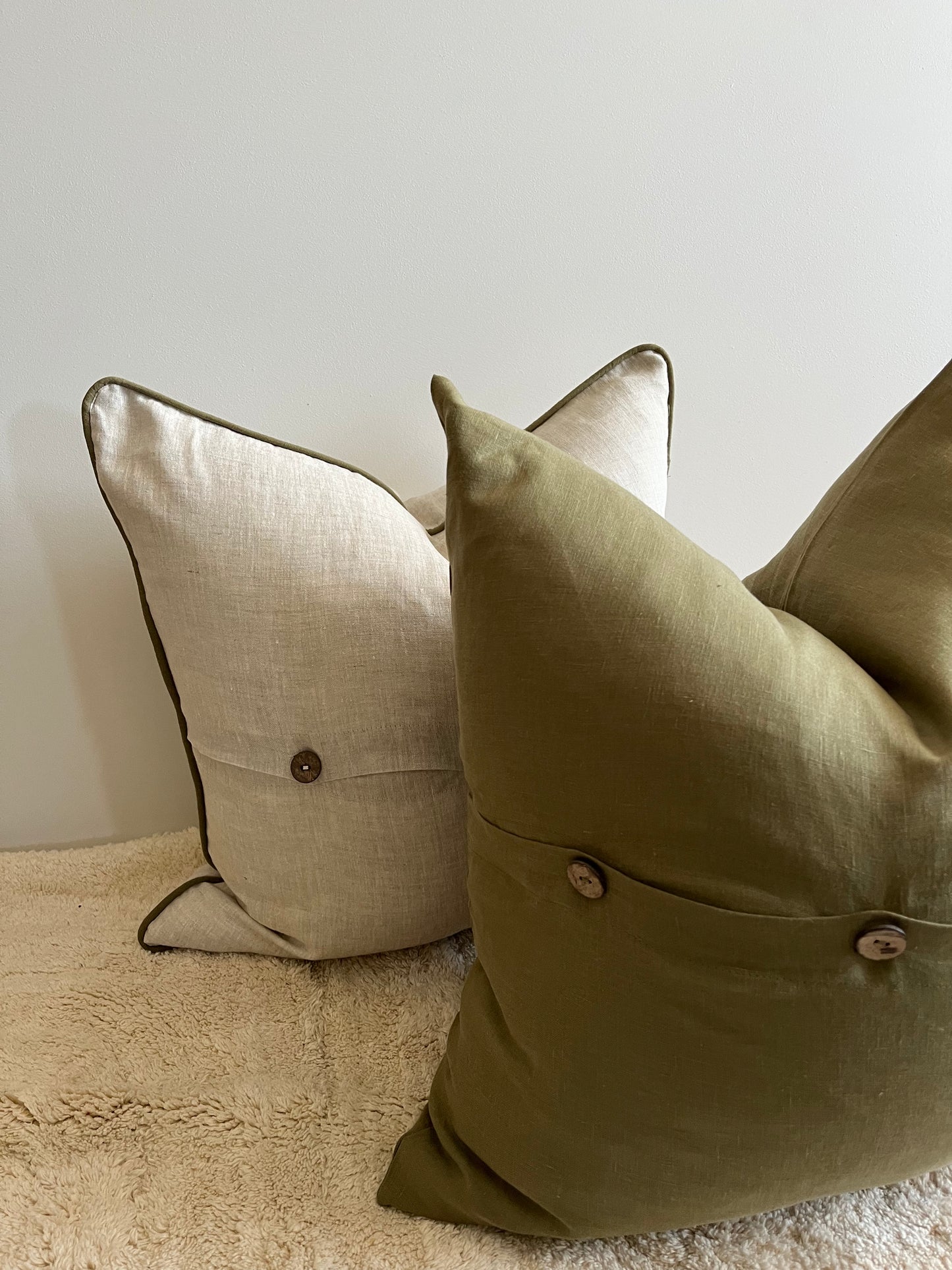 Pure French Linen Cushion Cover with Piped Edge - Natural with Olive Piping