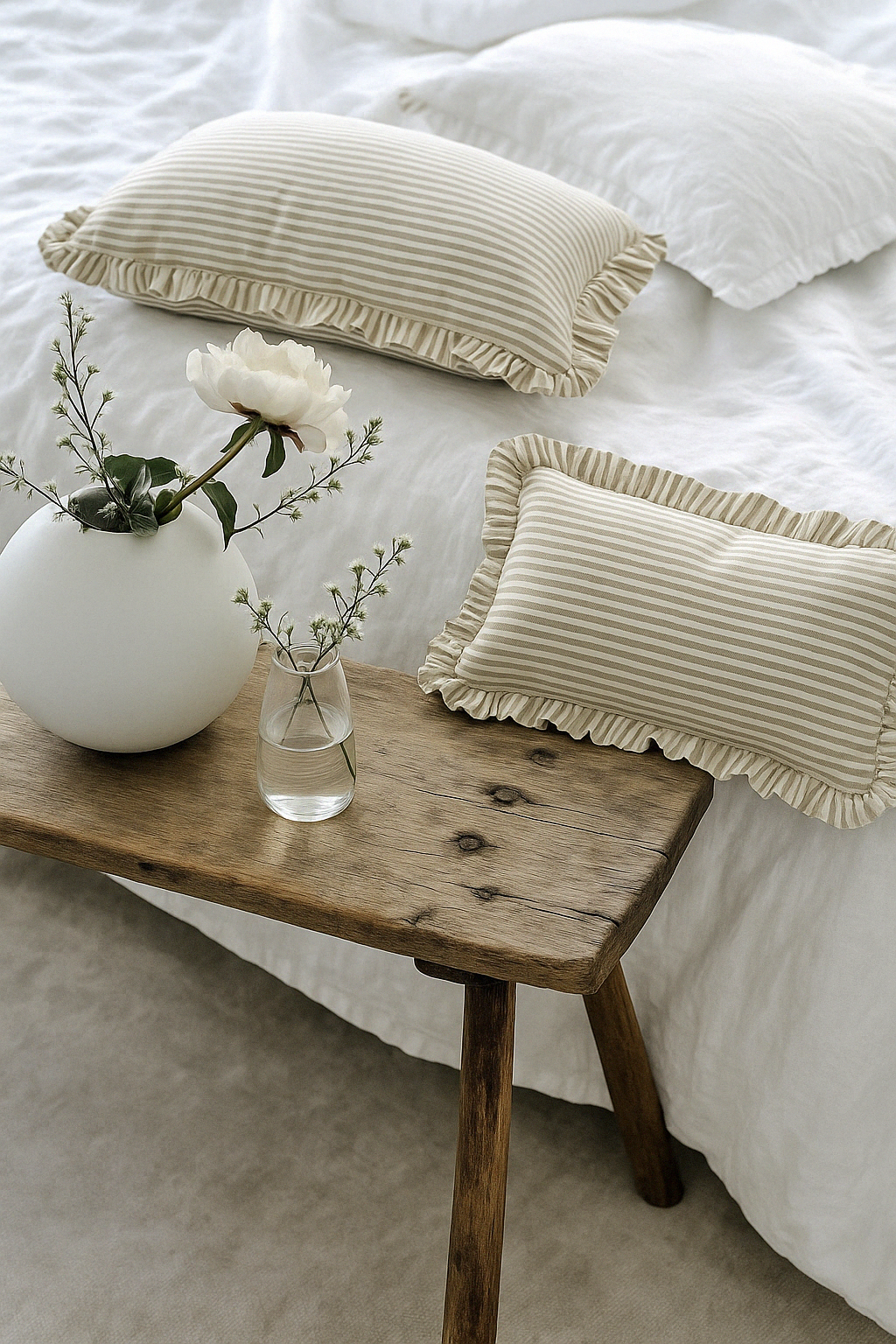 Pure French Linen Ruffle Lumbar cushion - Nature Pinstripes