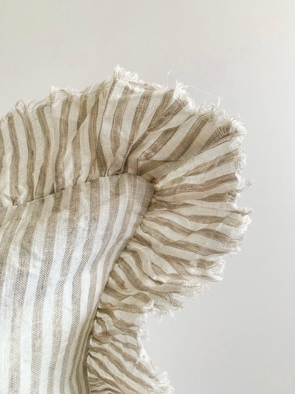 Pure French Linen Frayed Edge Ruffle Cushion - Nature Pinstripes