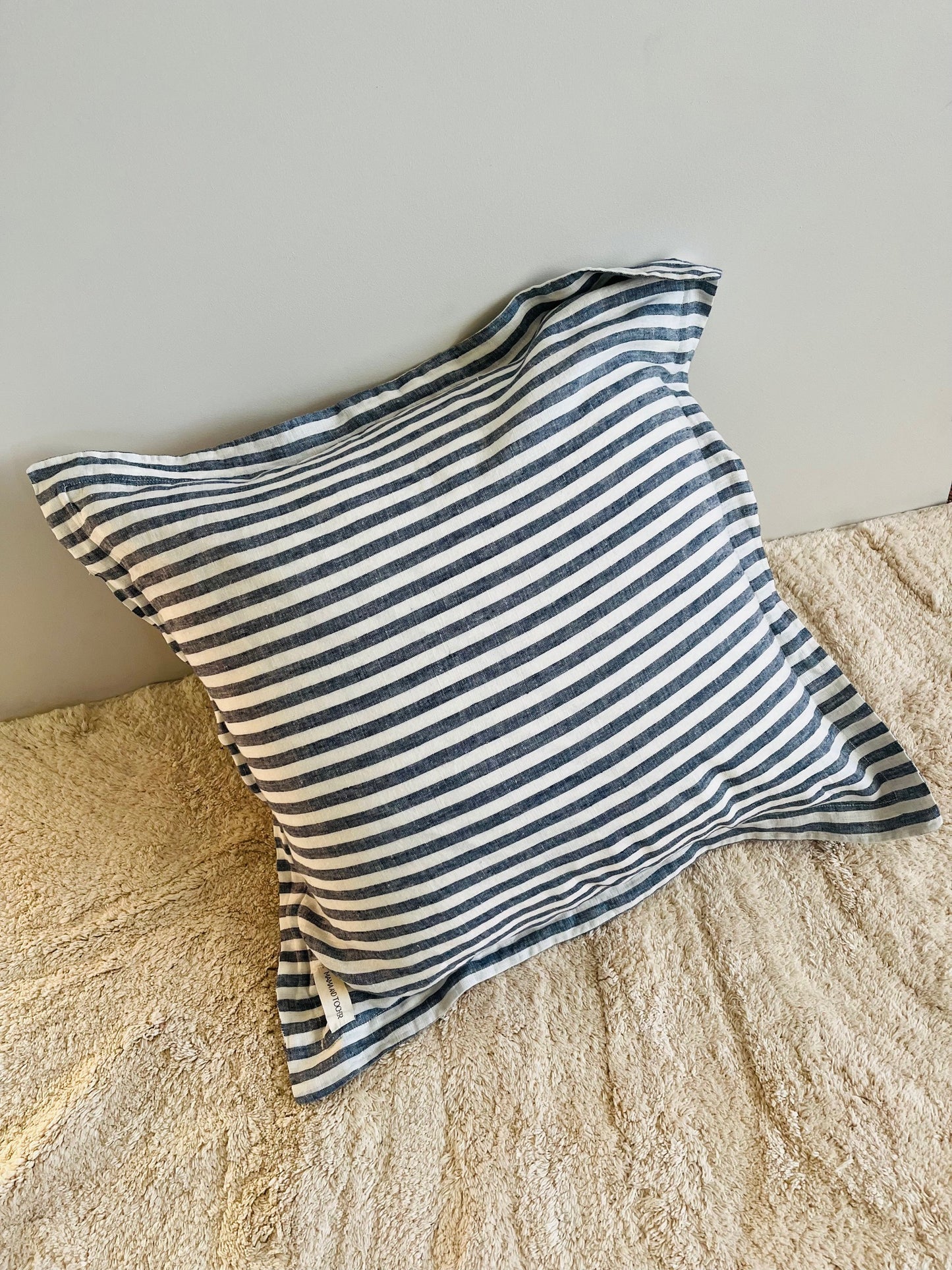 Pure French Linen Cushion Cover with Flange Detail - Navy Stripe