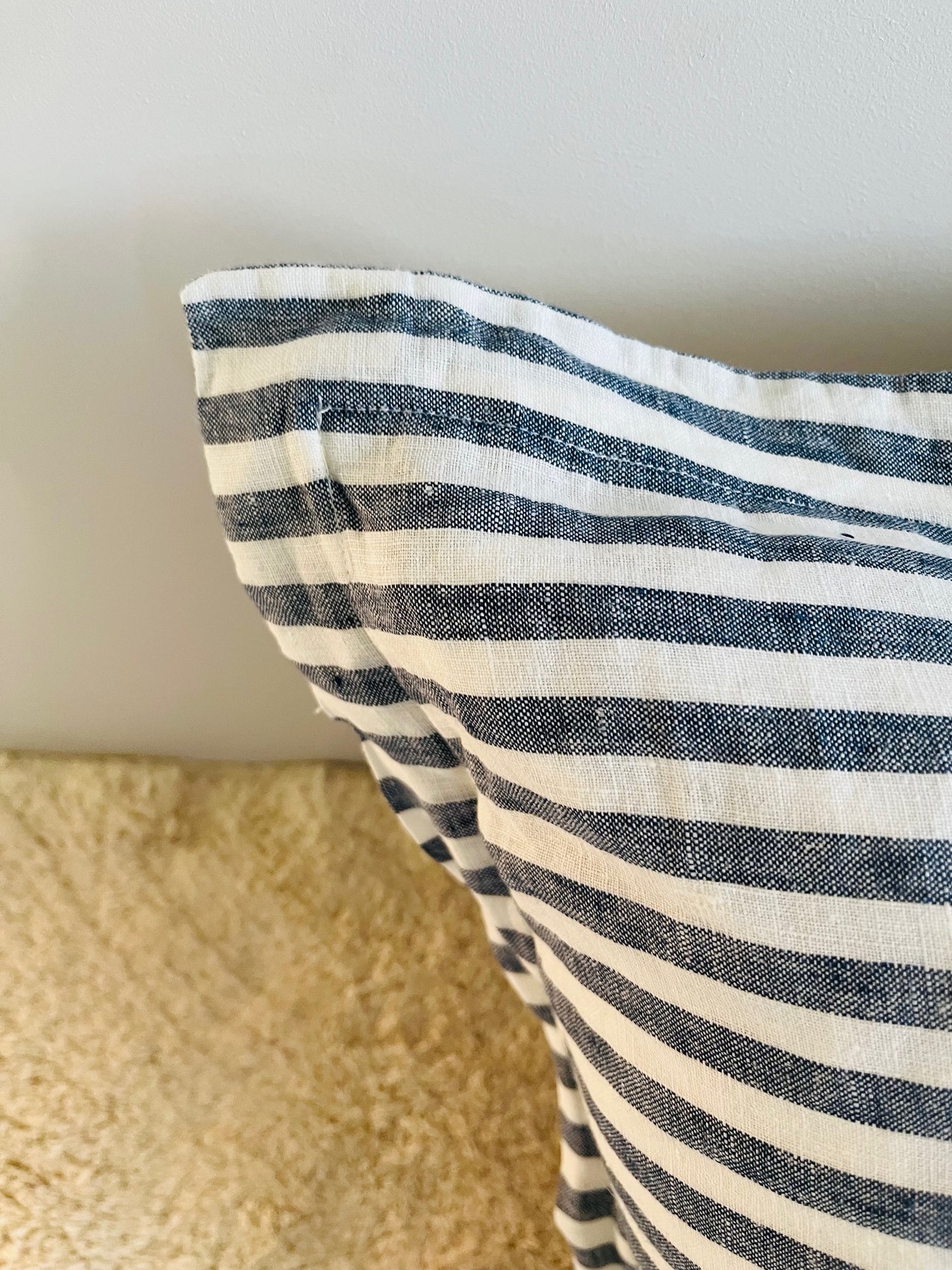 Pure French Linen Cushion Cover with Flange Detail - Navy Stripe