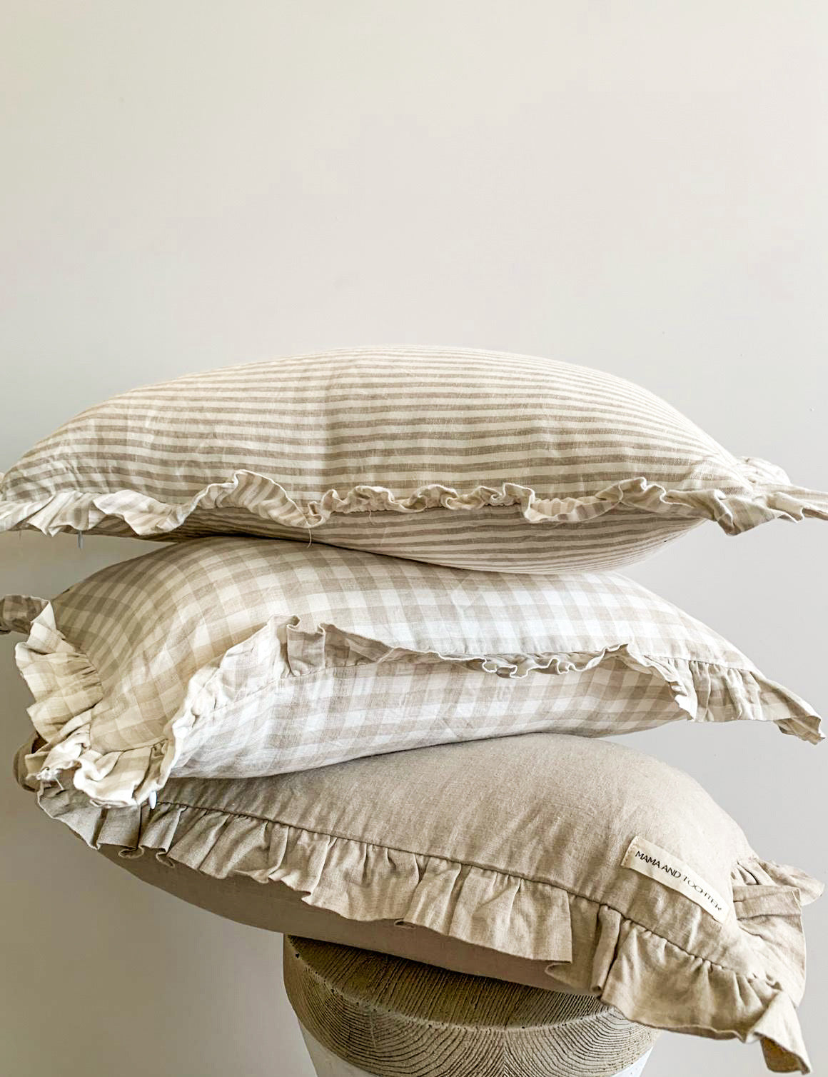 Pure French Linen Ruffle Lumbar - Dove Grey Gingham