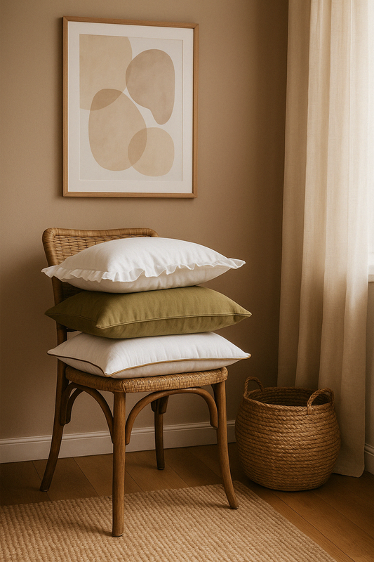 Pure French Linen Cushion Cover with Piped Edge - White with Olive Green Piping