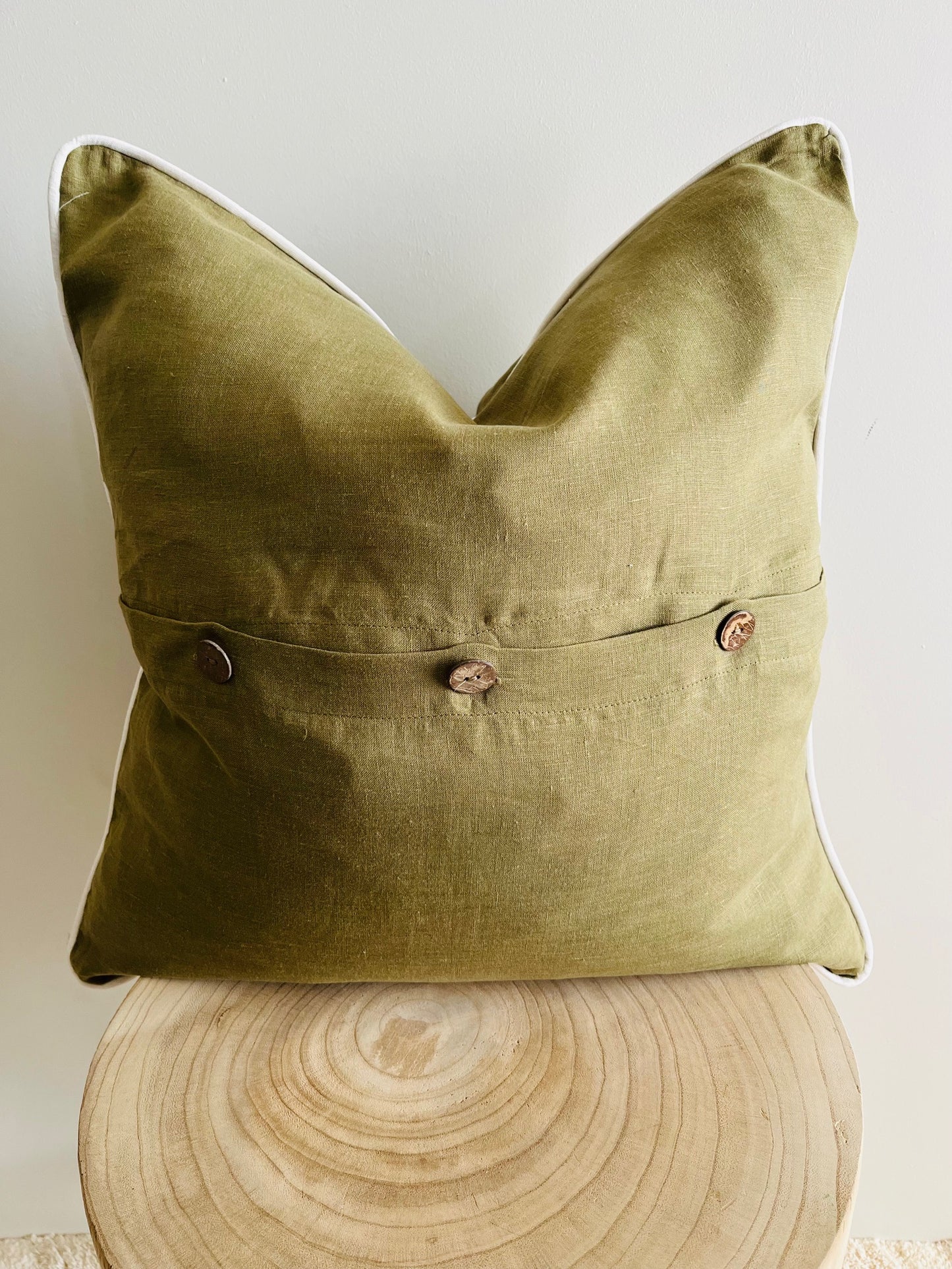 Pure French Linen Cushion Cover with Piped Edge - Olive with White Piping