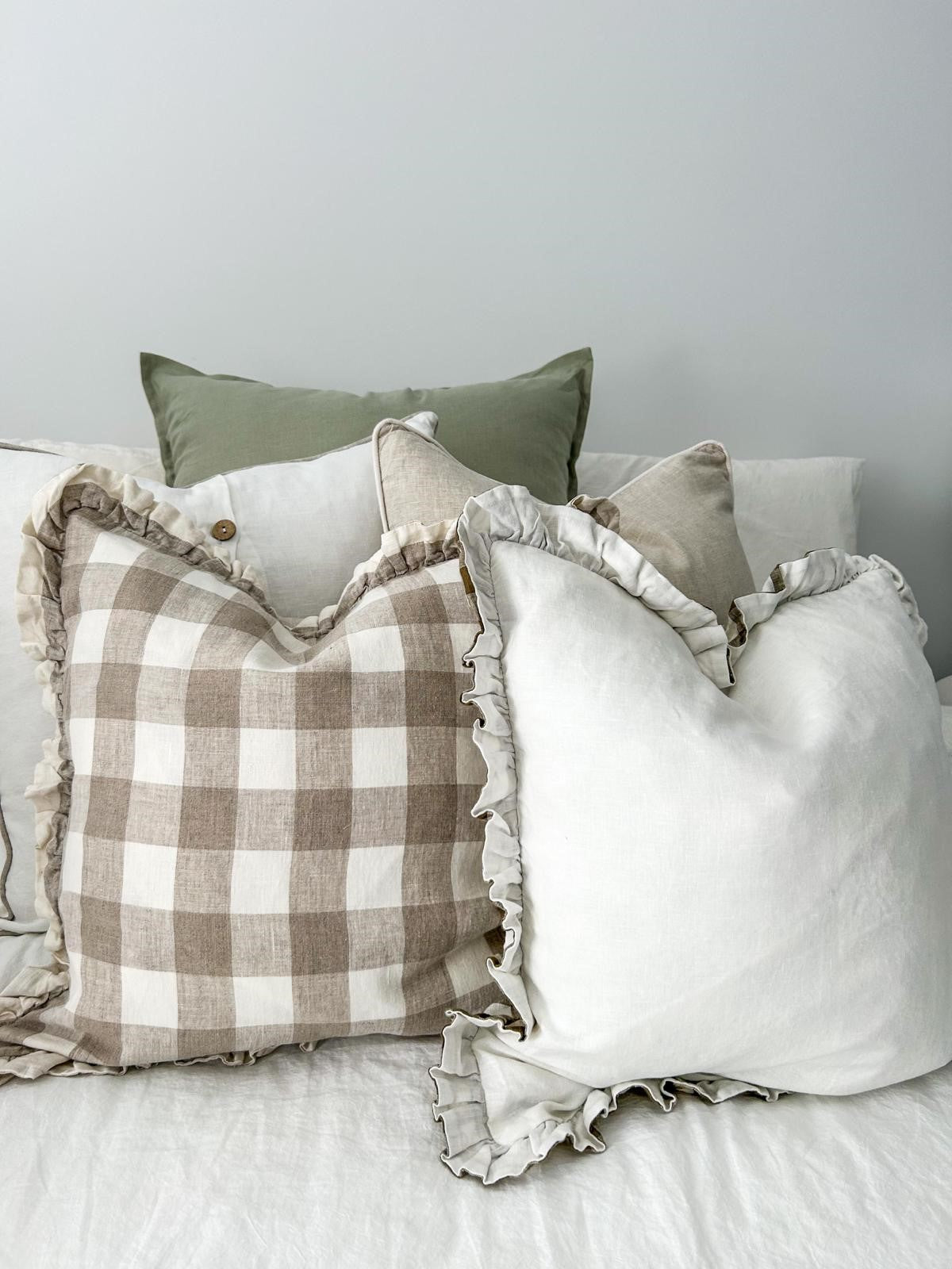 Pure Linen Reversible Ruffle Cushion Cover - Olive Gingham - Warm White