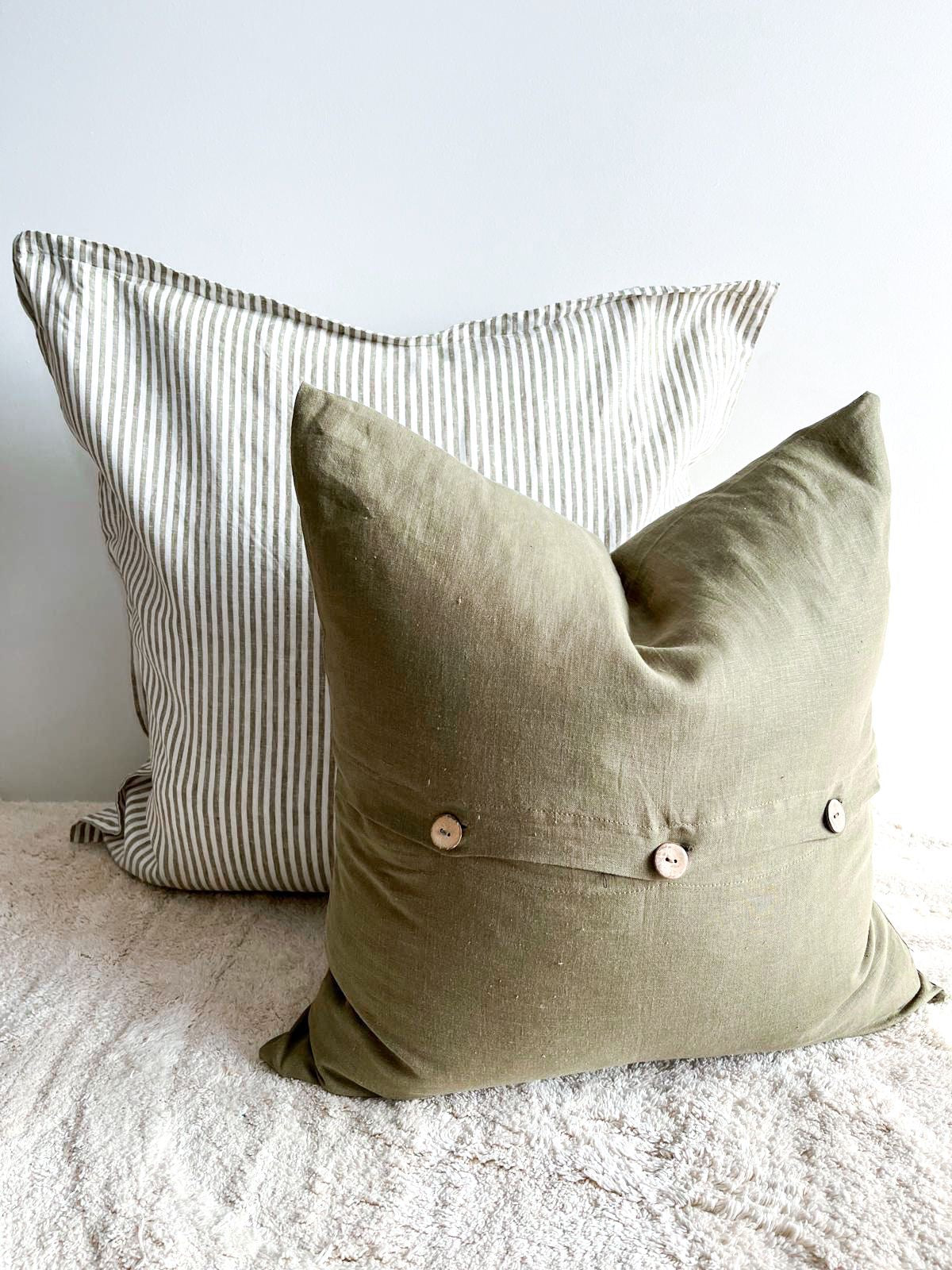 Pure French Linen Euro Cushion Cover - Olive Pinstripe