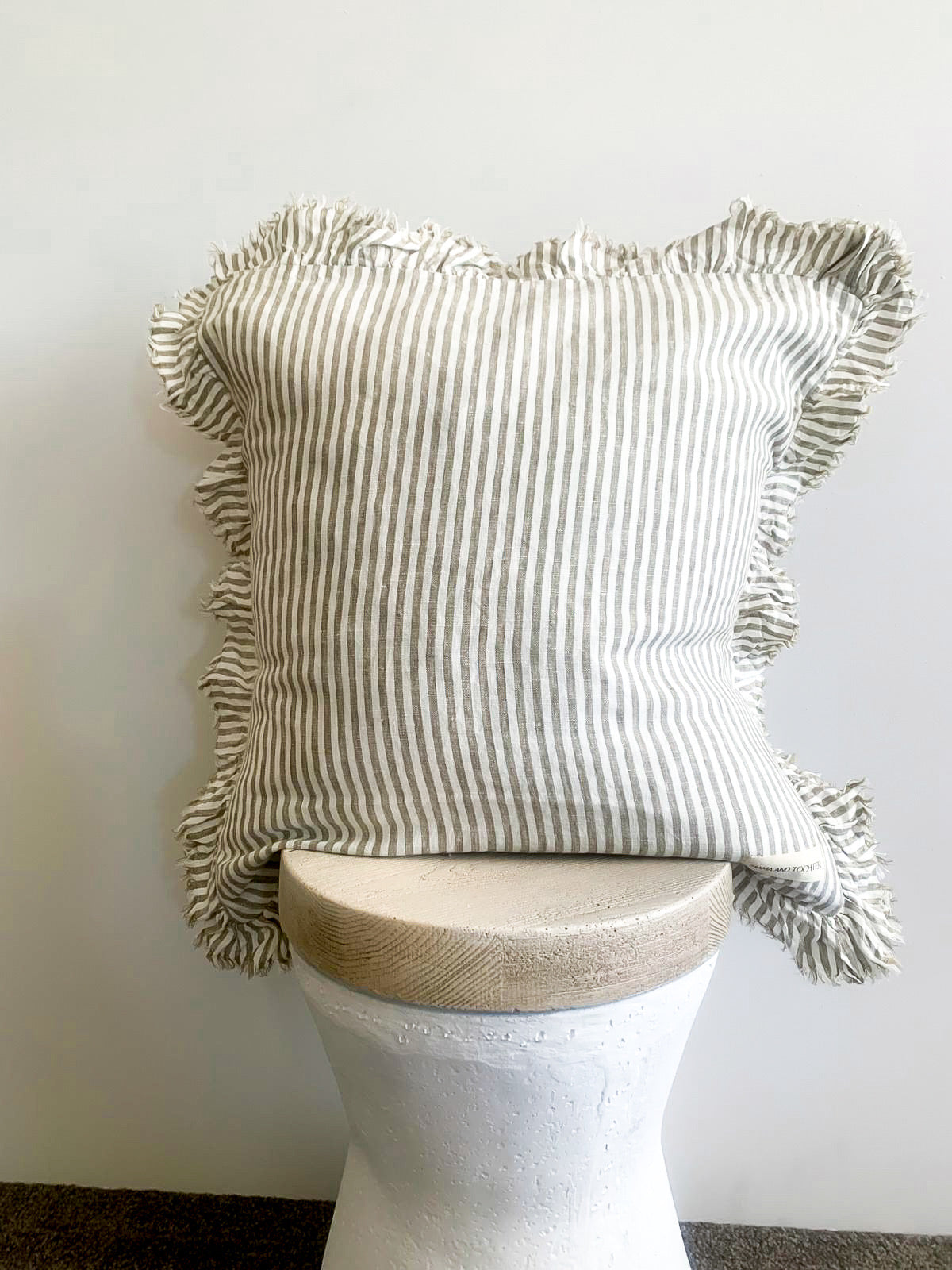 Pure French Linen Frayed Edge Ruffle Cushion Cover - Olive Pinstripes