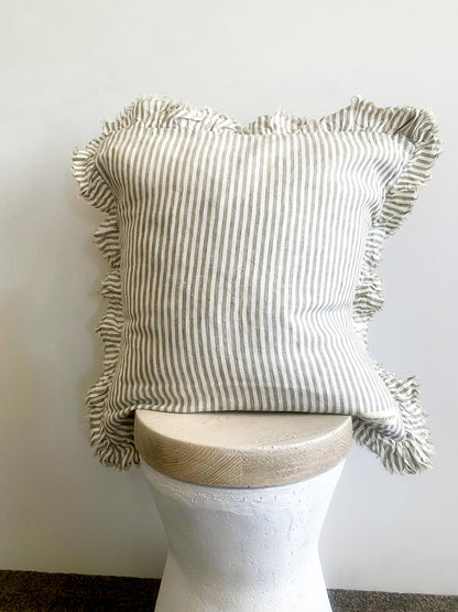 Pure French Linen Frayed Edge Ruffle Cushion - Olive Pinstripes