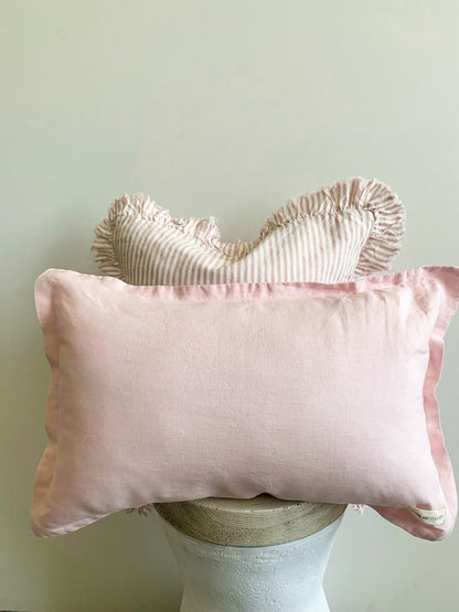 Pure French Linen Lumbar Cushion with Flange Detail - Pale Pink