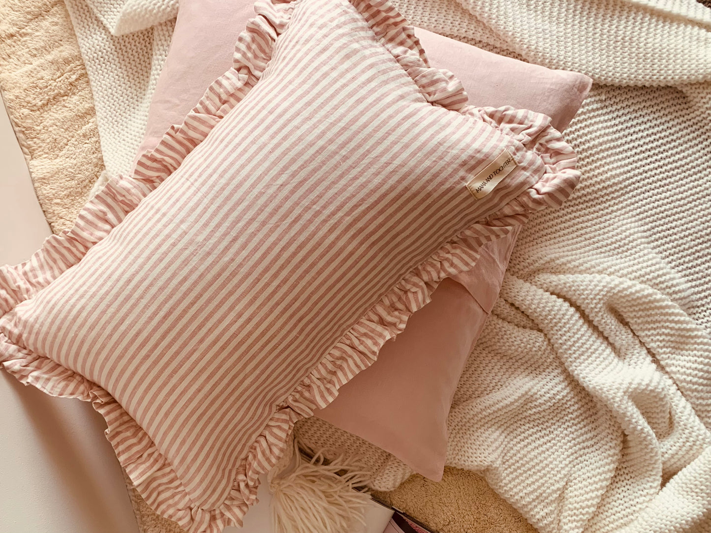 Pure French Linen Ruffle Lumbar - Pink Pinstripes