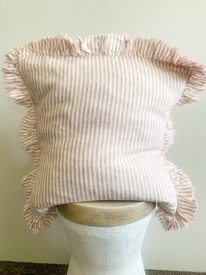 Pure French Linen Frayed Edge Ruffle Cushion - Pink Pinstripes