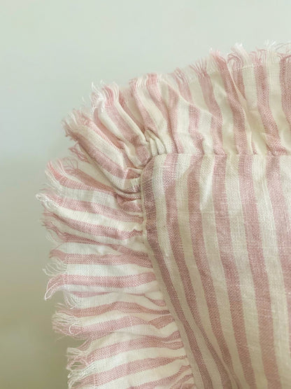 Pure French Linen Frayed Edge Ruffle Cushion - Pink Pinstripes
