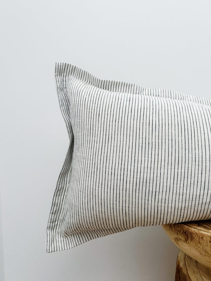 Pure French Linen Lumbar Cushion with Flange Detail - Pinstripe