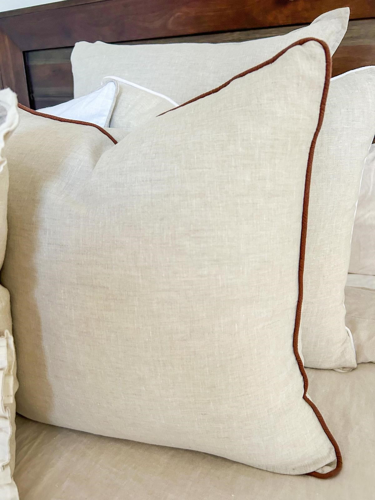 Natural linen cushion with coffee piping, piped linen cushion covers, pure natural linen cushions, Coffee piping linen cushion cover, piped display cushions,