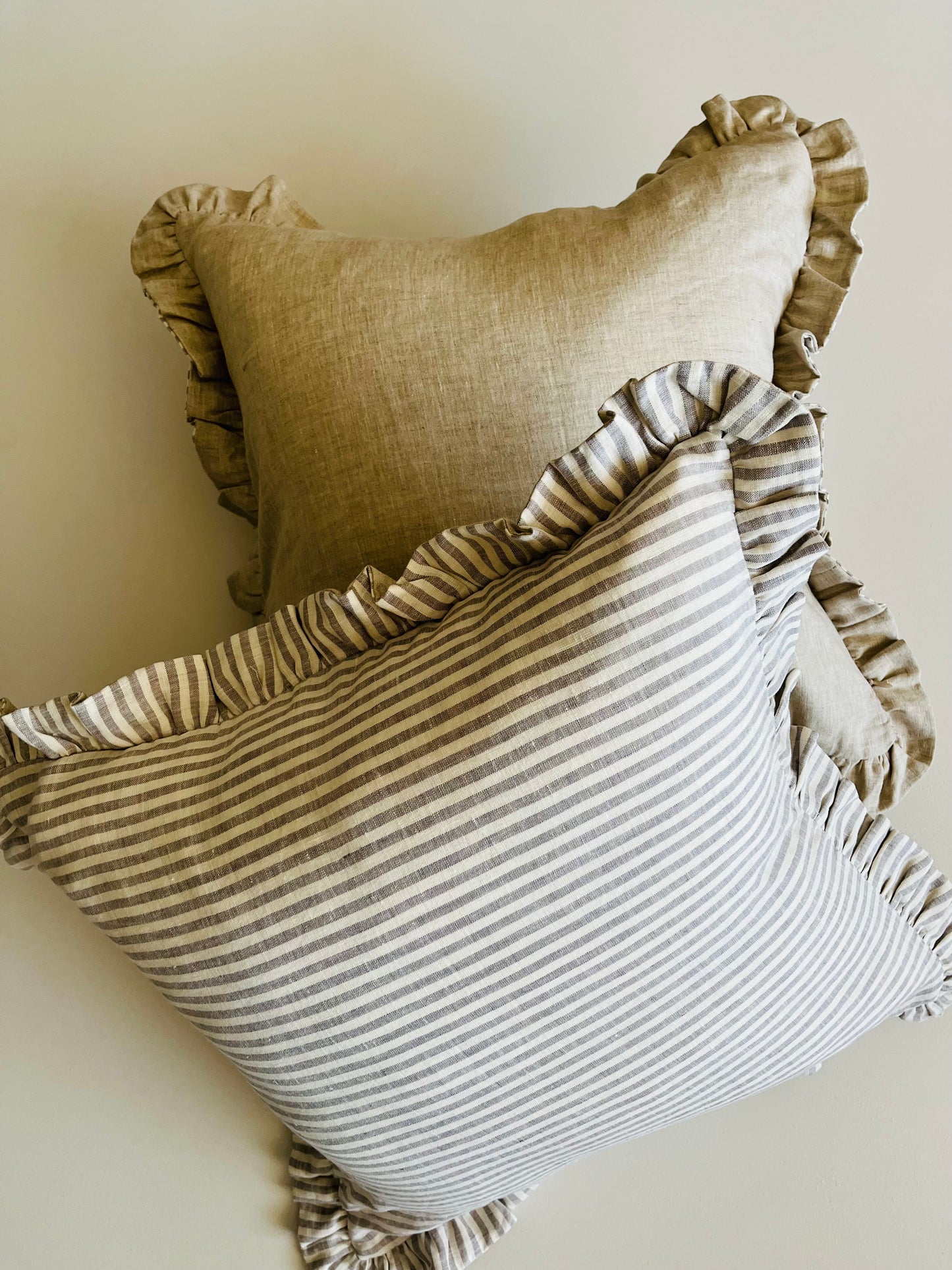 Pure Linen Reversible Ruffle Cushion Cover - Grey Stripe - Natural