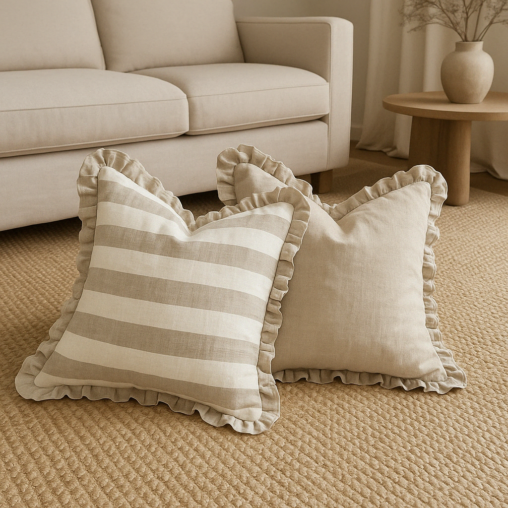Pure Linen Reversible Ruffle Cushion Cover - Natural Wide Stripe - Natural