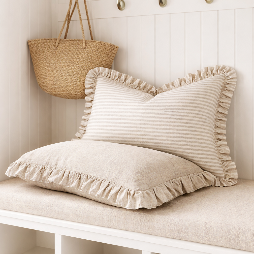 Pure Linen Reversible Ruffle Cushion Cover - Nature Pinstripes - Nature