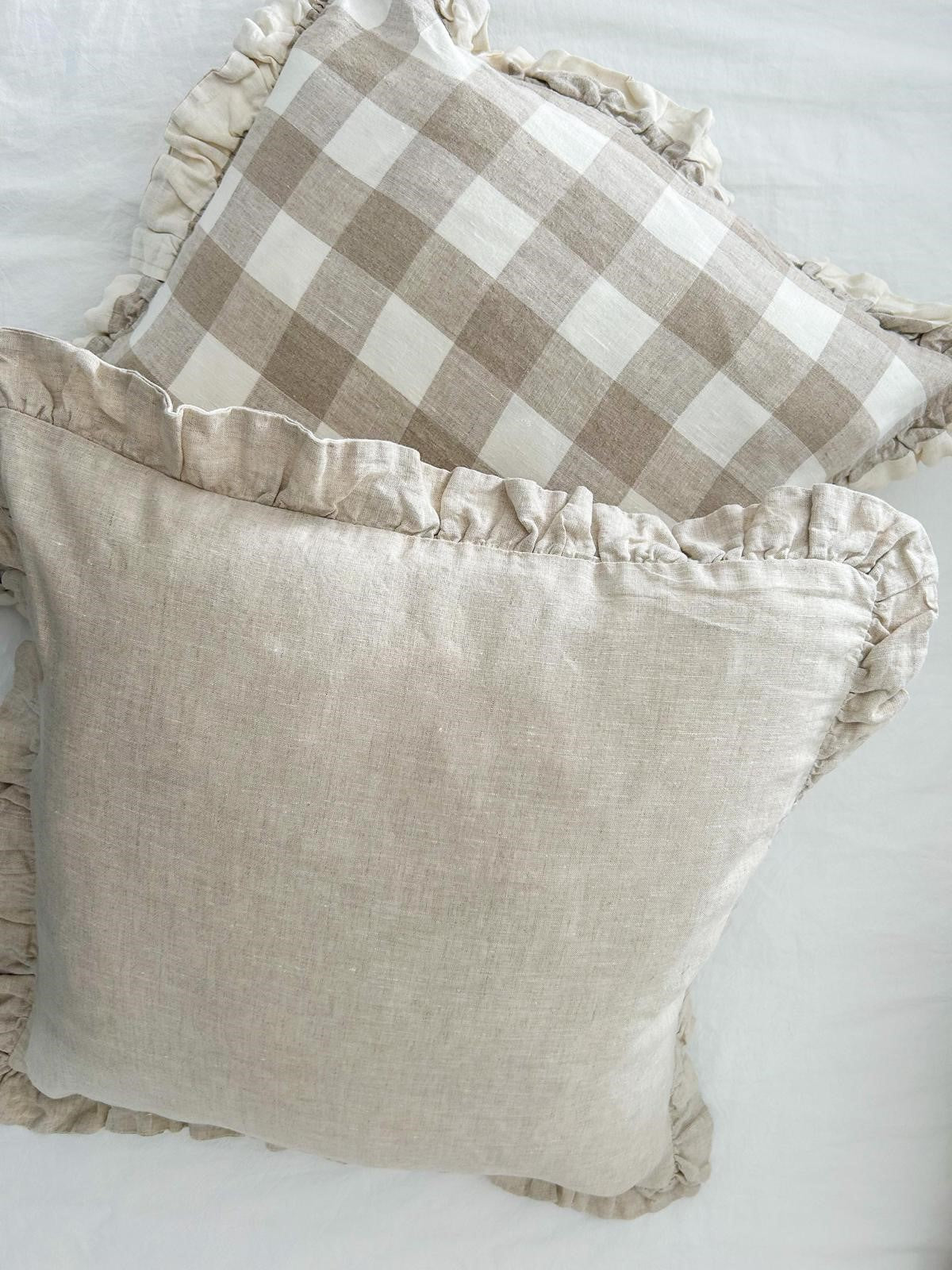 Pure Linen Reversible Ruffle Cushion Cover - Natural Gingham - Natural