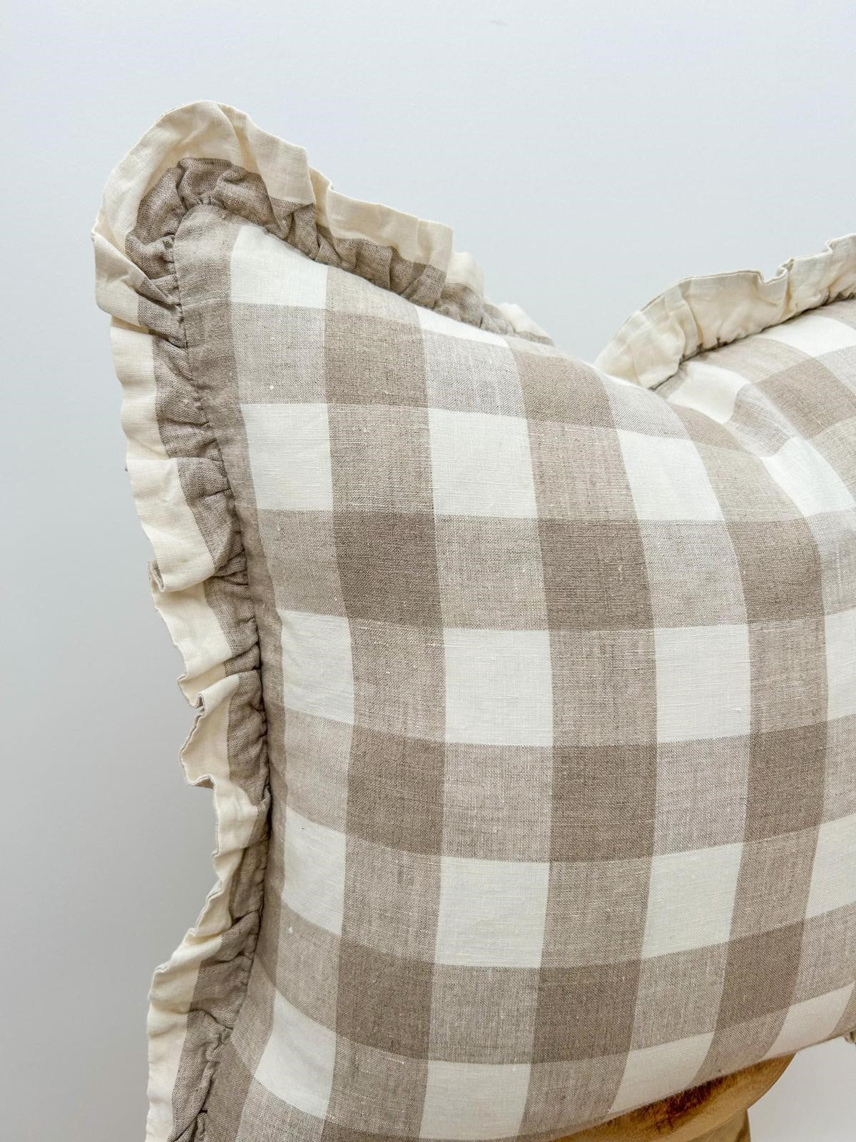 Pure Linen Reversible Ruffle Cushion Cover - Natural Gingham - Natural