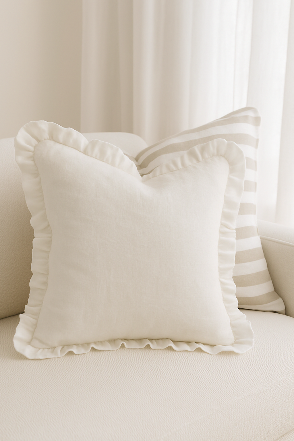 Pure Linen Ruffle Cushion Cover - White