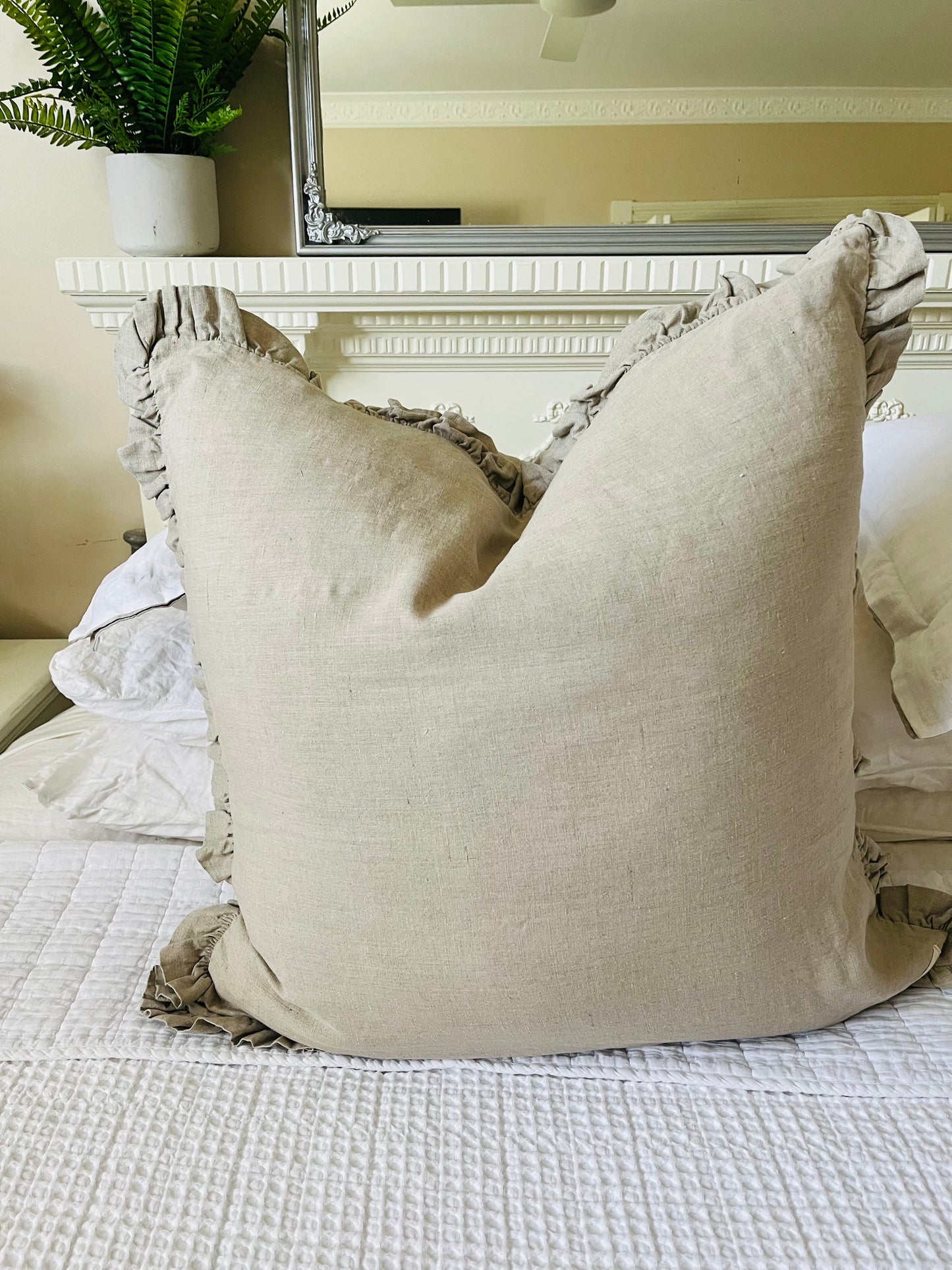 Pure French Linen Euro Cushion Cover with Full Ruffled Edge - Natural