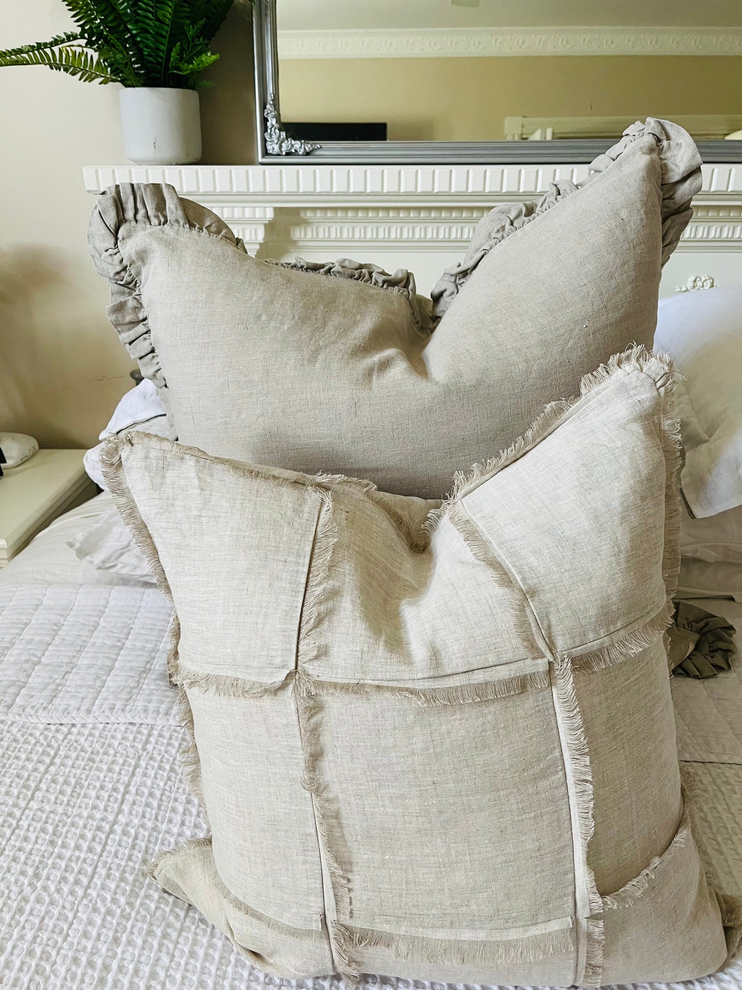 Pure French Linen Euro Cushion Cover with Full Ruffled Edge - Natural