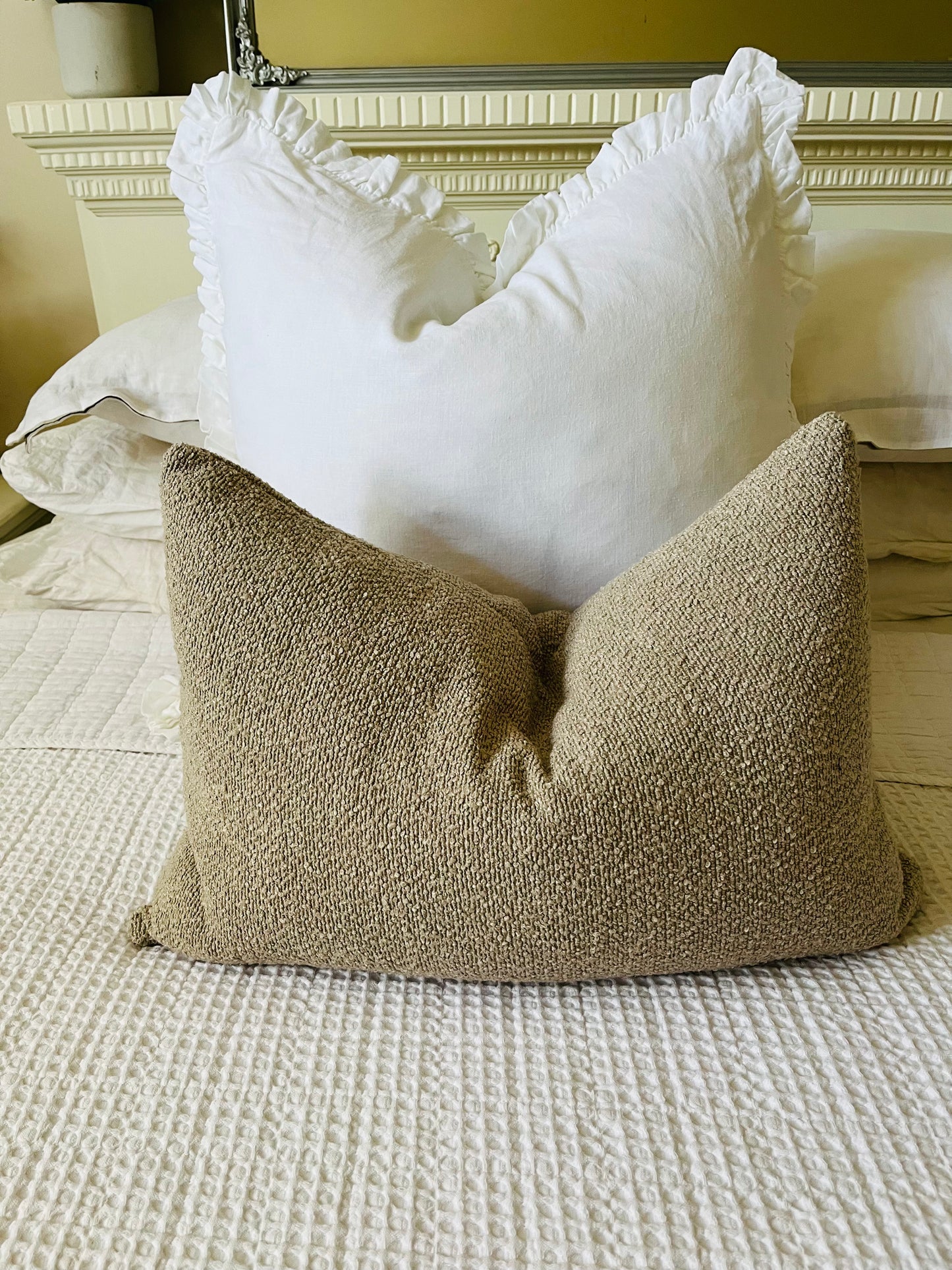 Pure French Linen Euro Cushion Cover with Full Ruffled Edge - White