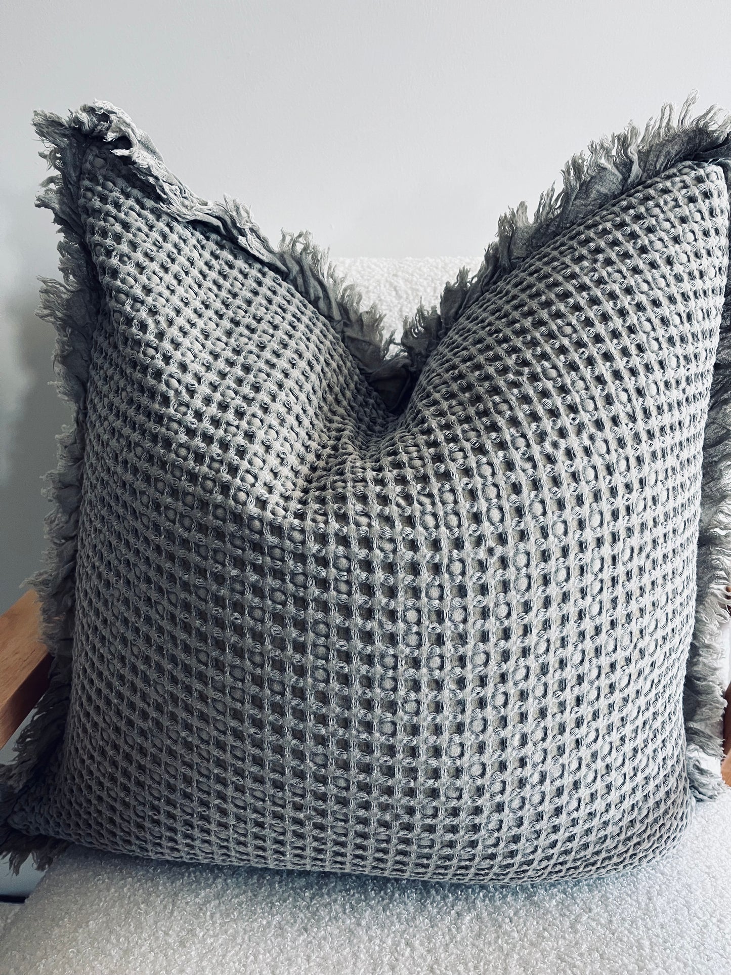 Organic Cotton Waffle Ruffle Cushion Cover - Khaki - 2.5cm Frayed Ruffle