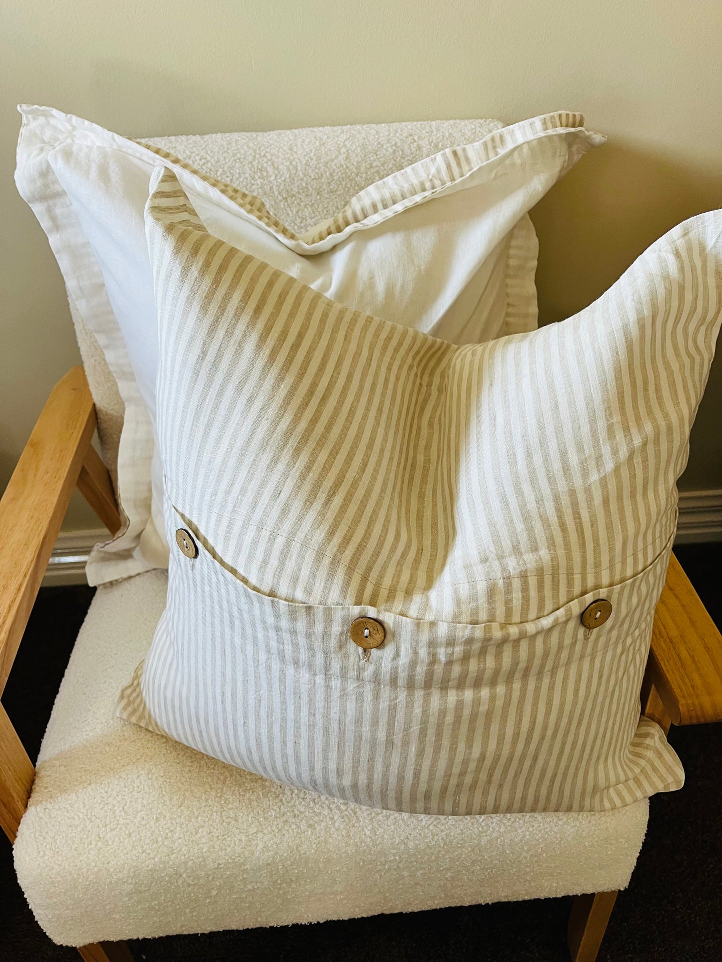Pure Linen Cushion with Split Flange in Contrasting Color - White/Nature Stripes - 20% OFF