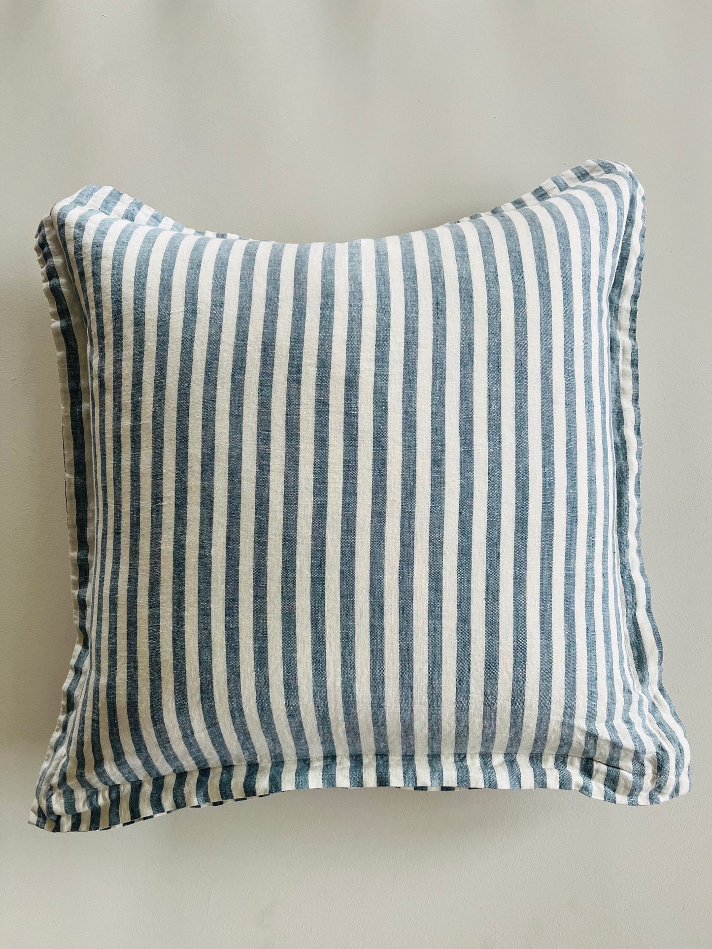 Pure French Linen Cushion Cover with Flange Detail - Stone Blue Stripe