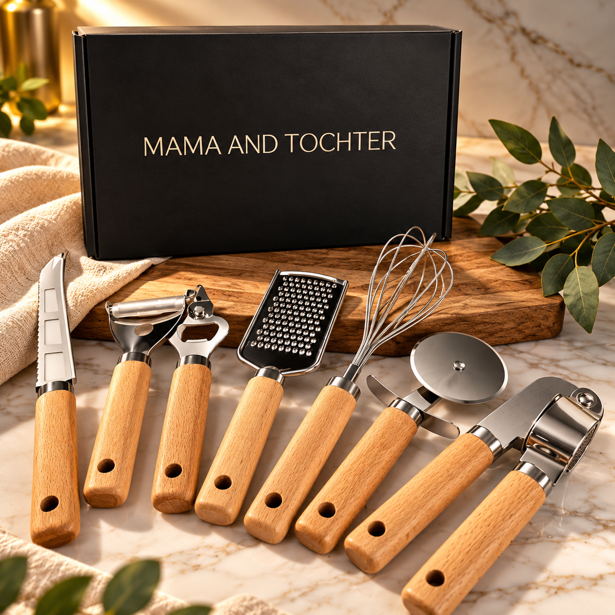 7 Piece Stainless Steel Kitchen Utensil Set with Wooden Handles