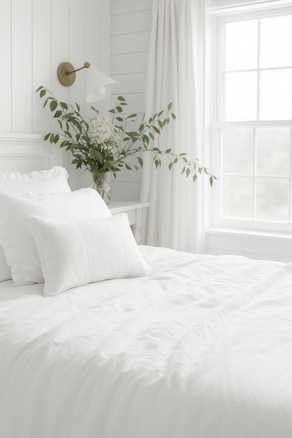 Pure French Linen Lumbar Cushion Cover with Flange Detail - White