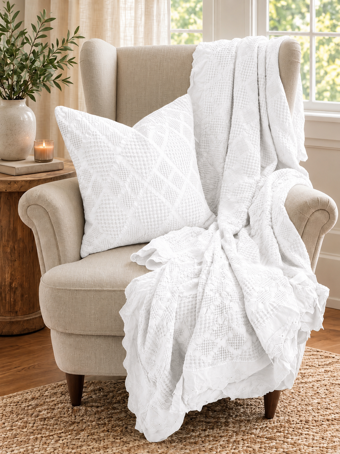 Organic Cotton Waffle Textured Ruffle Throw - White - 150 x 200