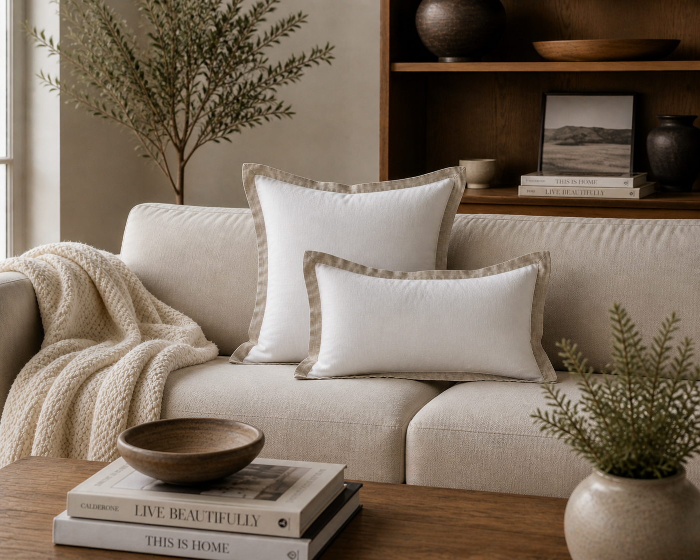 Pure Linen Cushion | White with Natural Contrasting Flange | 50 x 50cm