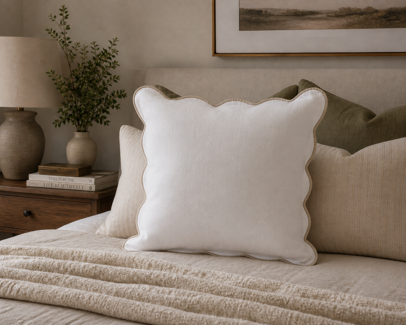 Pure Linen Cushion Cover with Scalloped Edge - White - Natural
