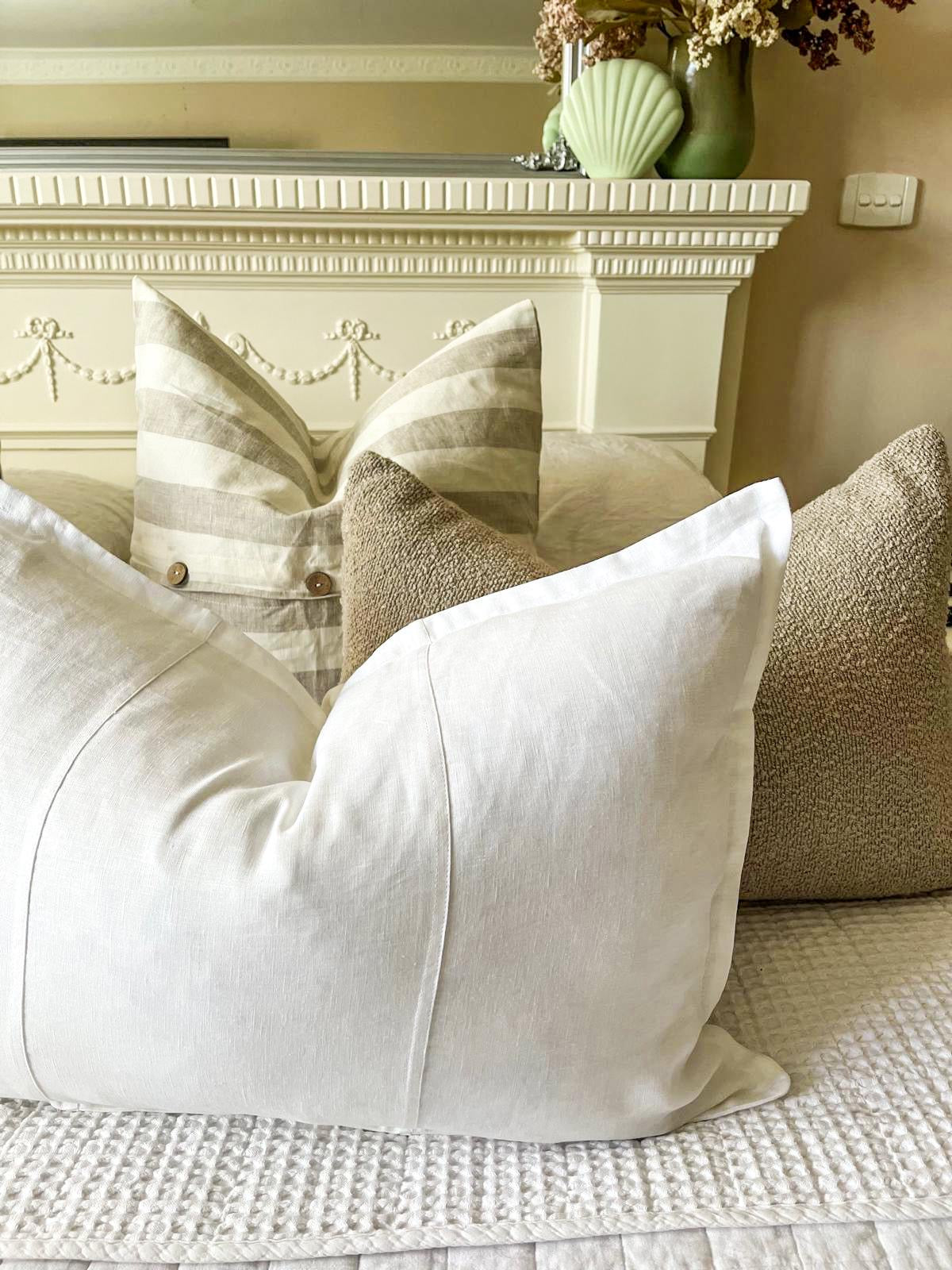 Pure French Linen Lumbar Cushion Cover with Flange Detail - White